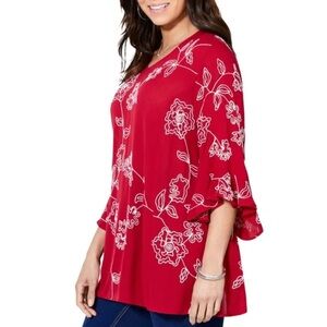 Catherines Red Embroidered Floral Tunic Top Blouse Woman 1XWP
